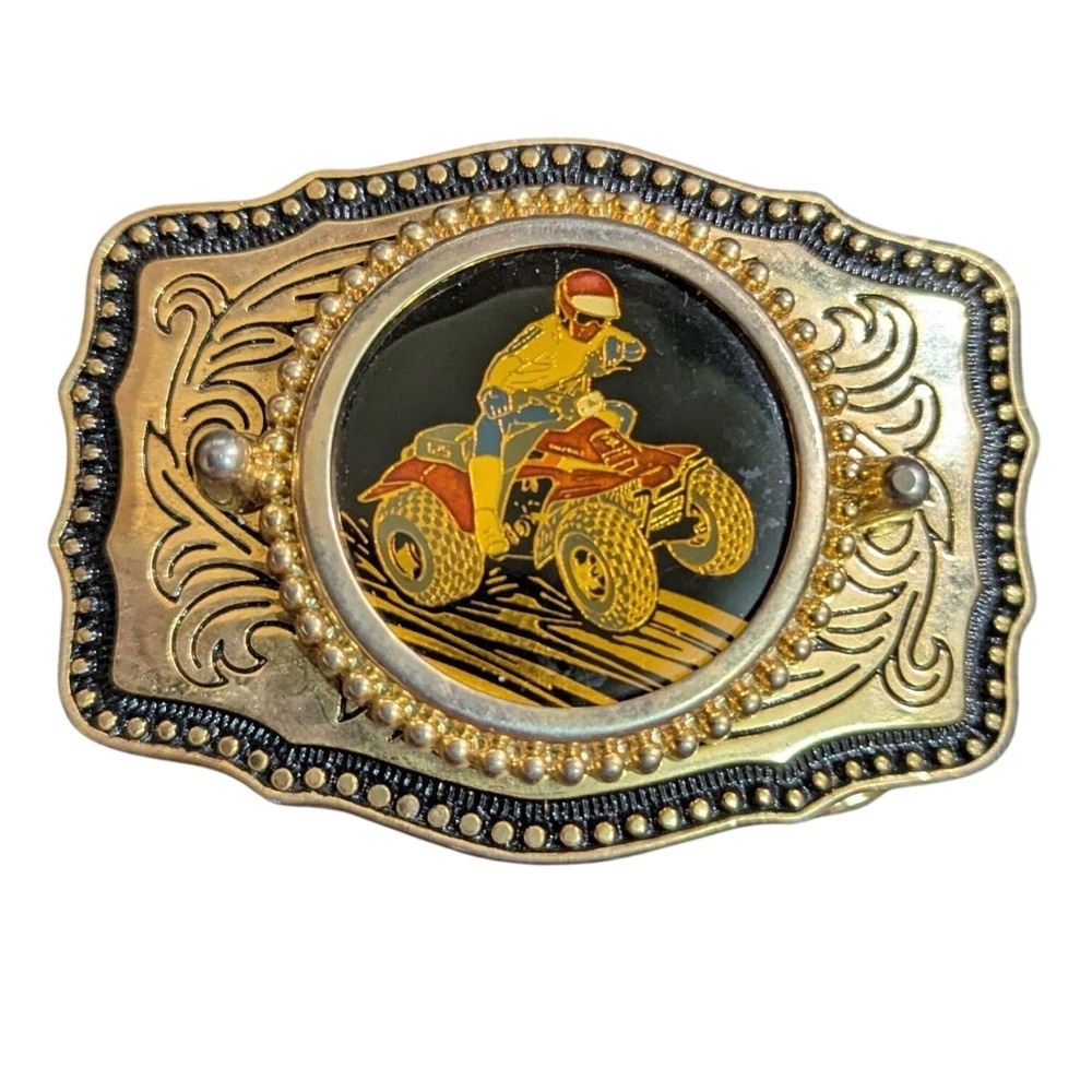 Vintage ATV‎ Quad Rider Belt Buckle Gold Tone Western Made in USA 3 Inch